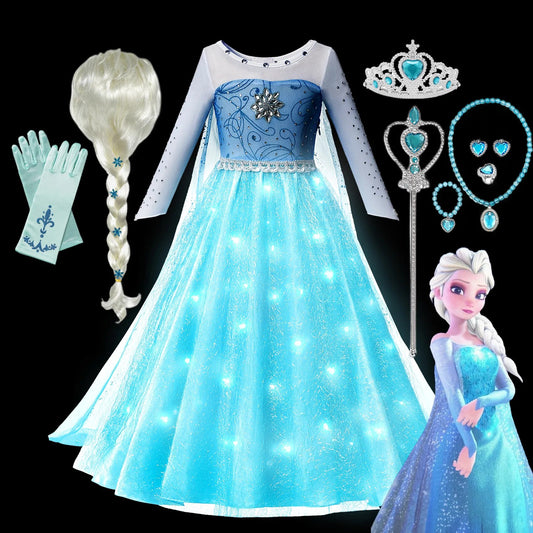 Frozen Elsa Princess Girls LED Light up Dress Halloween Carnival Clothing Party Kids Cosplay Snow Queen Children Costume