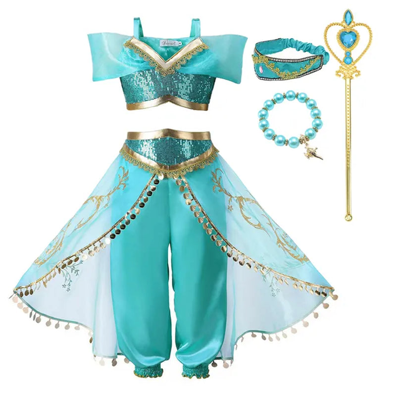 2023 Girls Jasmine Dress Aladdin Princess Magic Lamp Carnival Clothing Vestidos Halloween Party Cosplay Costume
