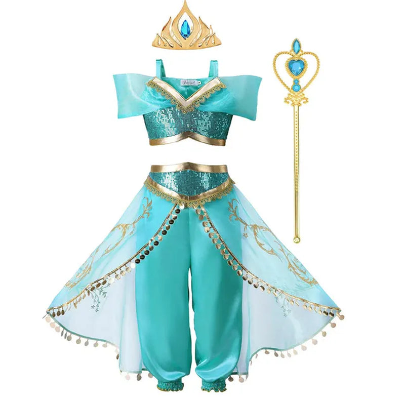 2023 Girls Jasmine Dress Aladdin Princess Magic Lamp Carnival Clothing Vestidos Halloween Party Cosplay Costume