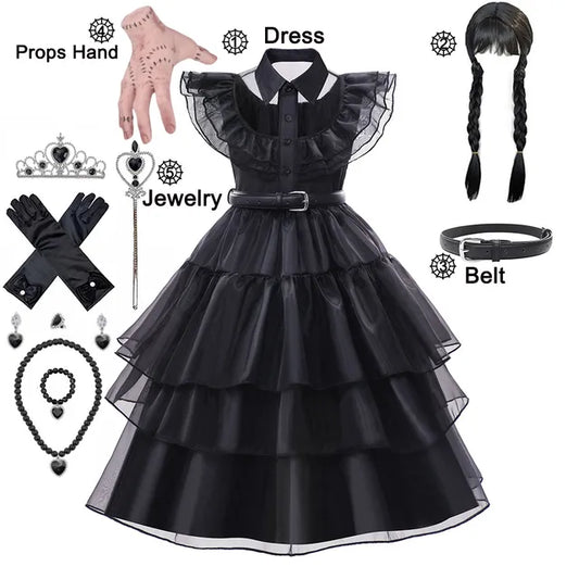Wednesday Dance Addams Cosplay Costume for Girls Black Ball Gown Kids Gothic Princess Dress Prom Frock TV Addams Party Outfit